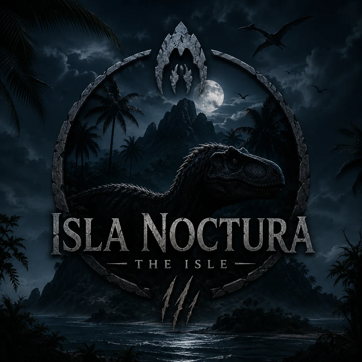 Isla Noctura emblem — a moonlit island with a dinosaur beneath a stone ring